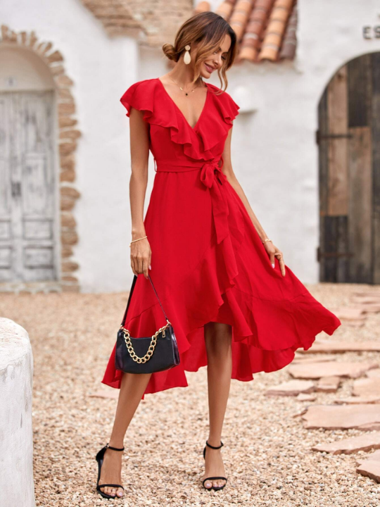 VCAY Solid Ruffle Trim Belted Wrap Dress