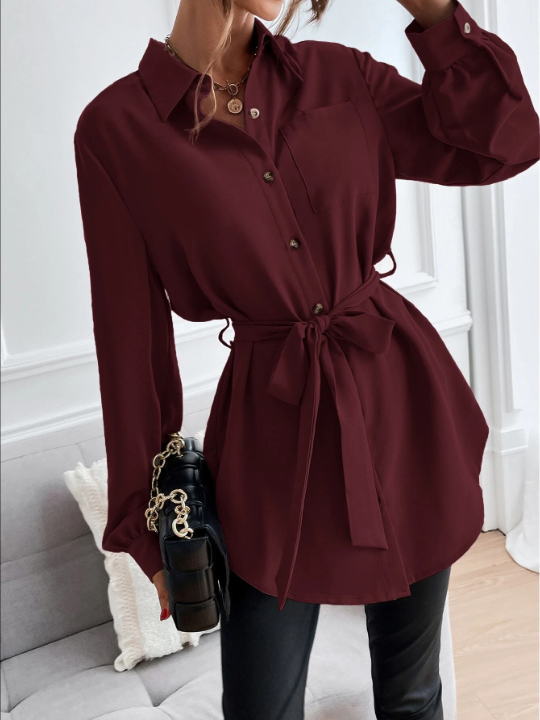 LUNE Solid Button Front Belted Shirt