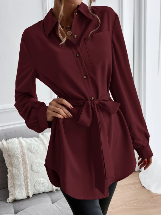 LUNE Solid Button Front Belted Shirt