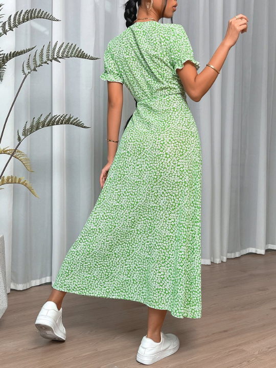 VCAY Sping Ditsy Floral Knot Side Wrap Green Long Dress