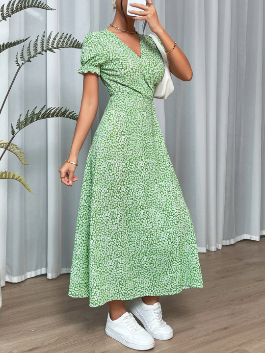 VCAY Sping Ditsy Floral Knot Side Wrap Green Long Dress