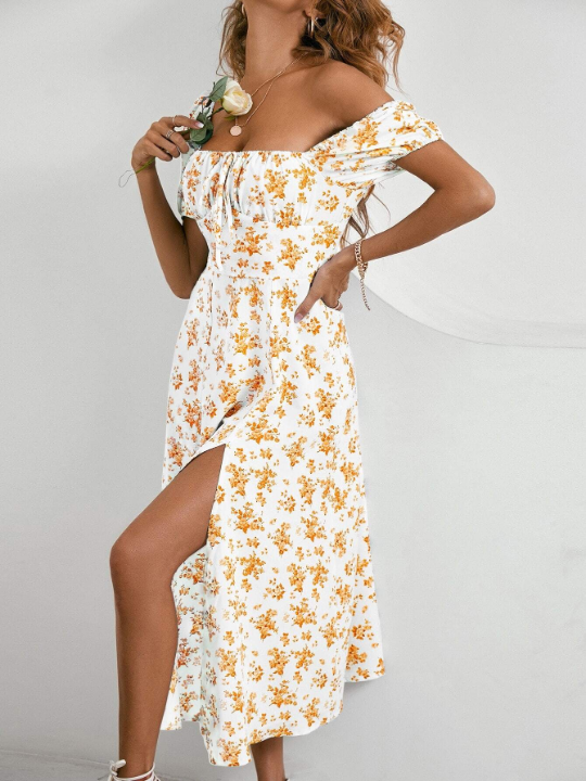 VCAY Allover Floral Knot Split Thigh A-line Dress