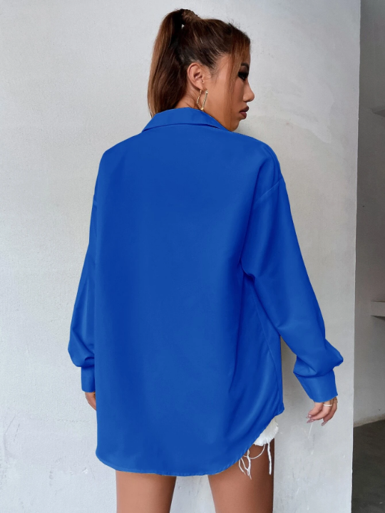 Pocket Patched Curved Hem Oversized Shirt