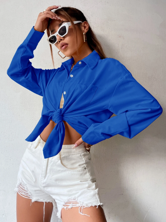 Pocket Patched Curved Hem Oversized Shirt