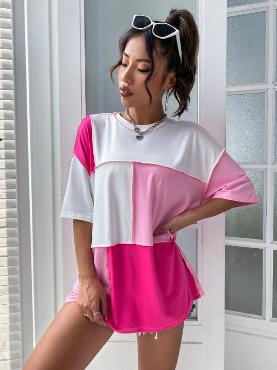 Colorblock Top Stitching Oversized Tee