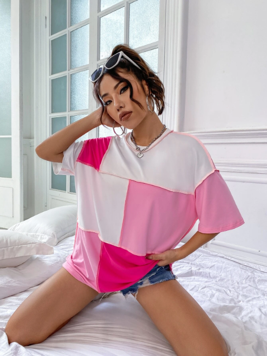 Colorblock Top Stitching Oversized Tee