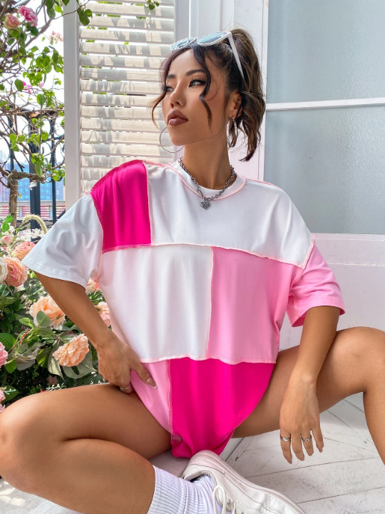 Colorblock Top Stitching Oversized Tee