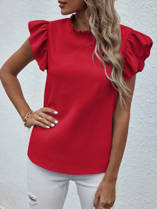 LUNE Mock Neck Frill Trim Ruffle Blouse