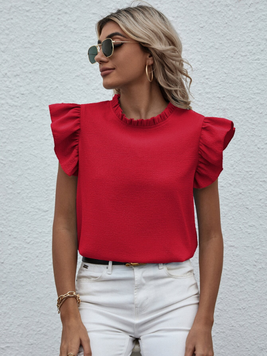 LUNE Mock Neck Frill Trim Ruffle Blouse