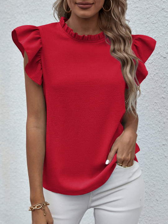 LUNE Mock Neck Frill Trim Ruffle Blouse