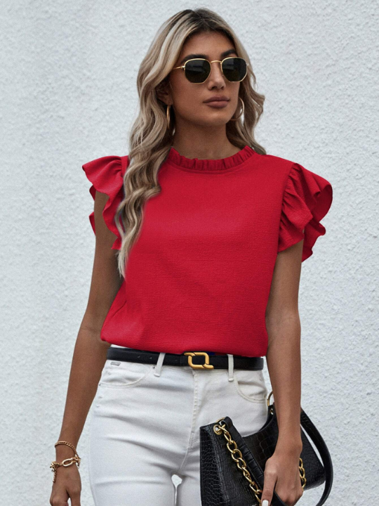 LUNE Mock Neck Frill Trim Ruffle Blouse