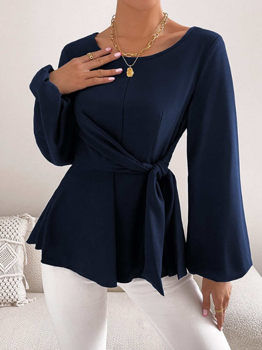 Priv Lantern Sleeve Tie Front Peplum Blouse