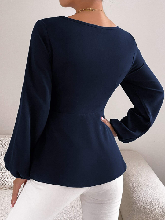 Priv Lantern Sleeve Tie Front Peplum Blouse