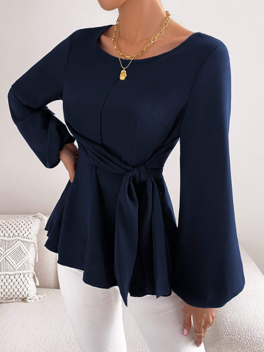 Priv Lantern Sleeve Tie Front Peplum Blouse