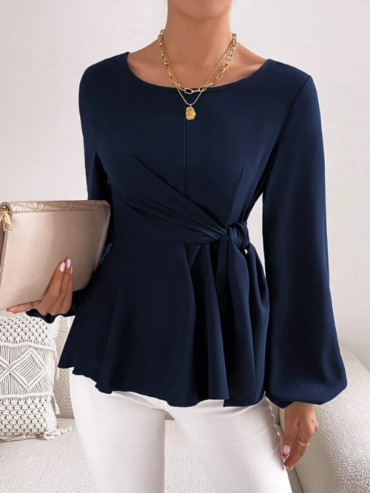 Priv Lantern Sleeve Tie Front Peplum Blouse