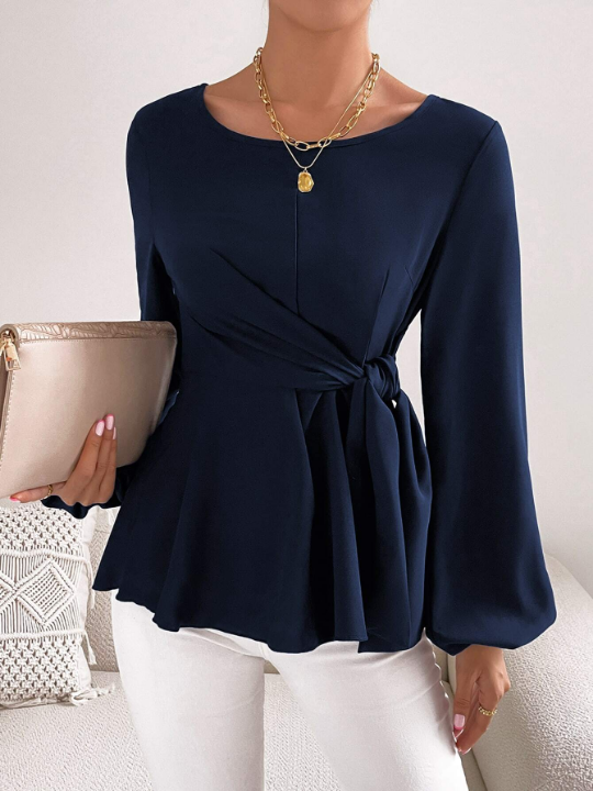 Priv Lantern Sleeve Tie Front Peplum Blouse