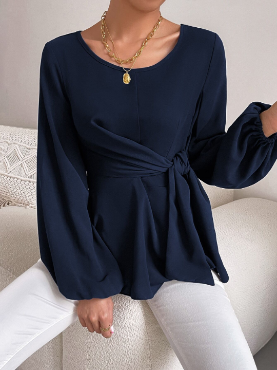 Priv Lantern Sleeve Tie Front Peplum Blouse