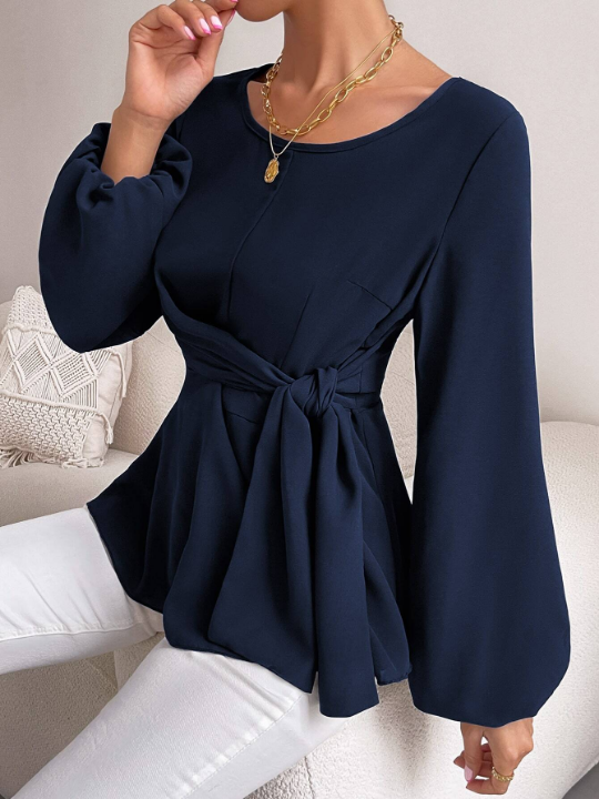 Priv Lantern Sleeve Tie Front Peplum Blouse