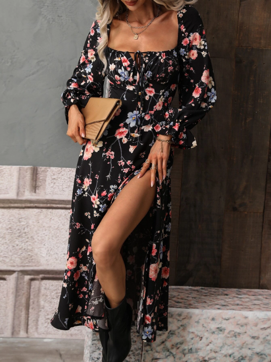 VCAY Floral Print Square Neck Flounce Sleeve Split Thigh Dress