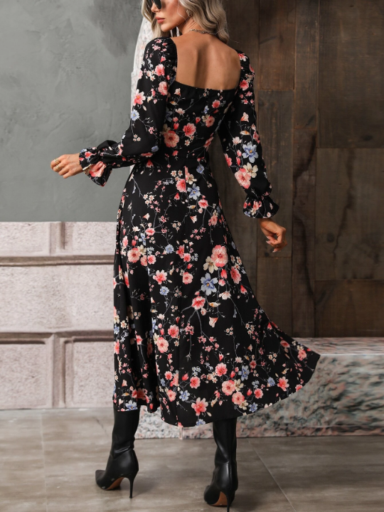 VCAY Floral Print Square Neck Flounce Sleeve Split Thigh Dress