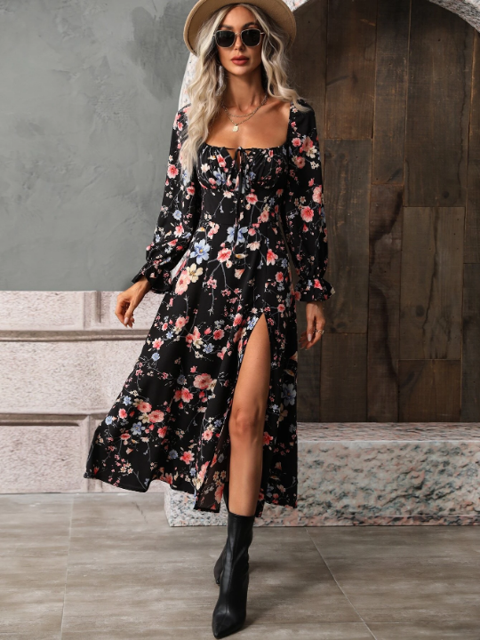 VCAY Floral Print Square Neck Flounce Sleeve Split Thigh Dress