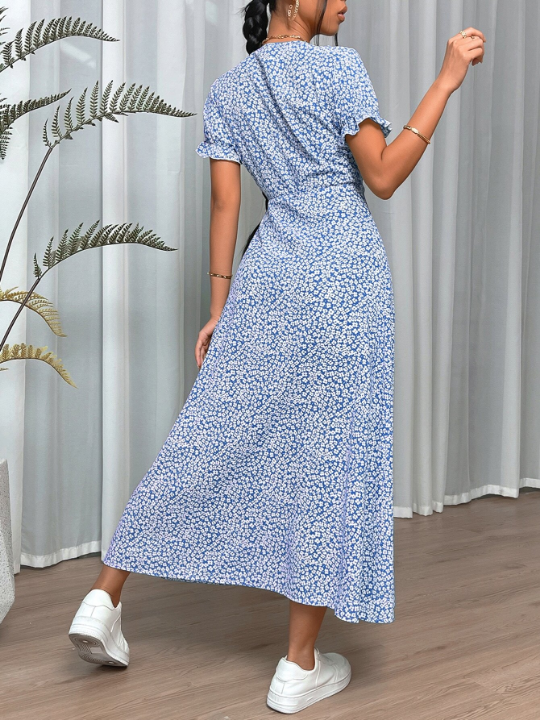 VCAY Sping Ditsy Floral Print Knot Side Wrap Long Dress