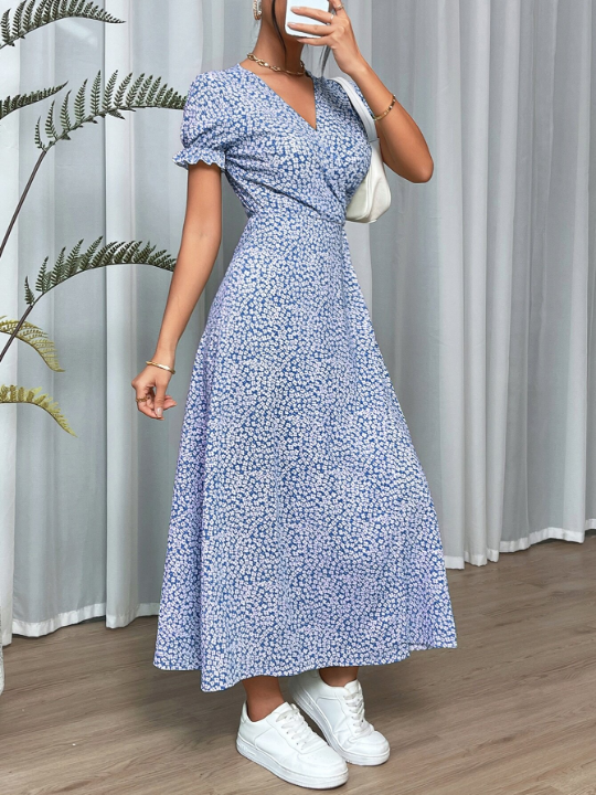 VCAY Sping Ditsy Floral Print Knot Side Wrap Long Dress