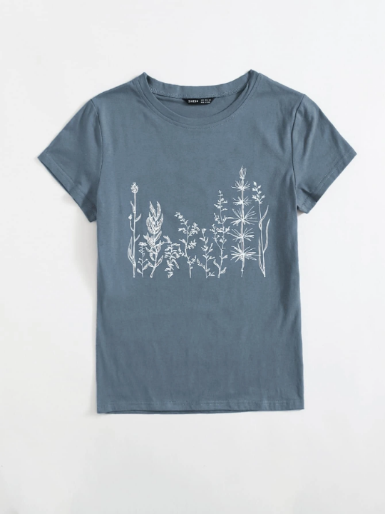 Plant Print Round Neck Tee