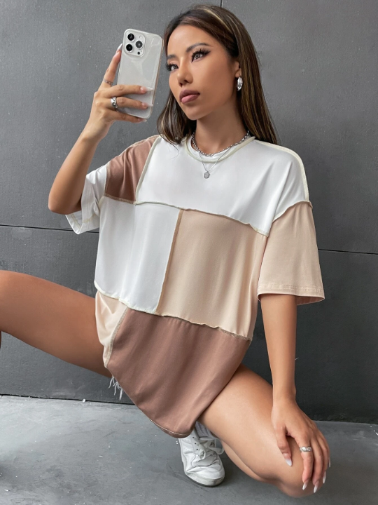 Colorblock Top Stitching Oversized Tee