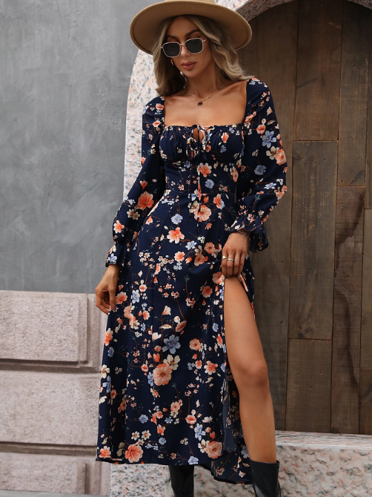 VCAY Floral Print Split Thigh Dress