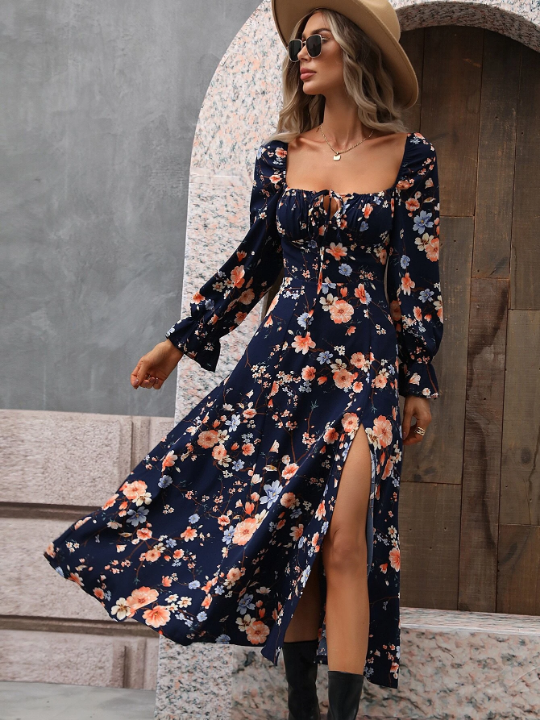 VCAY Floral Print Split Thigh Dress