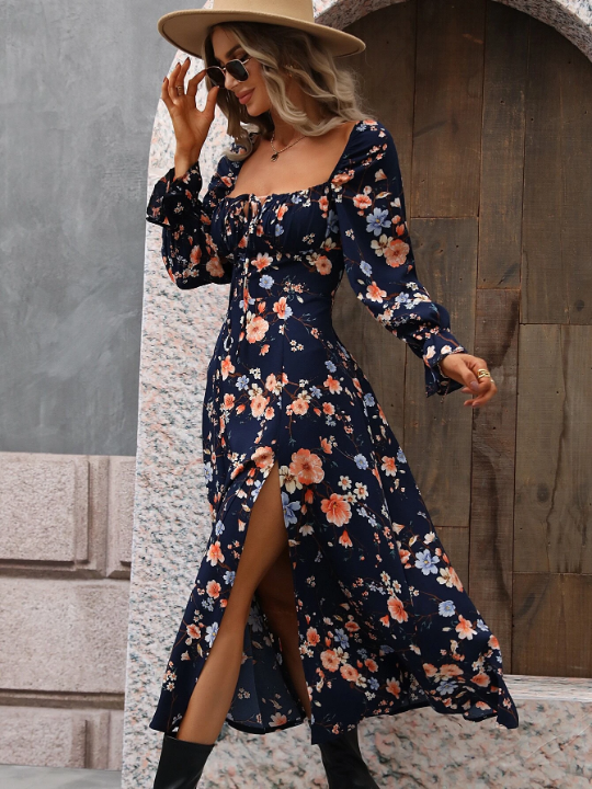 VCAY Floral Print Split Thigh Dress