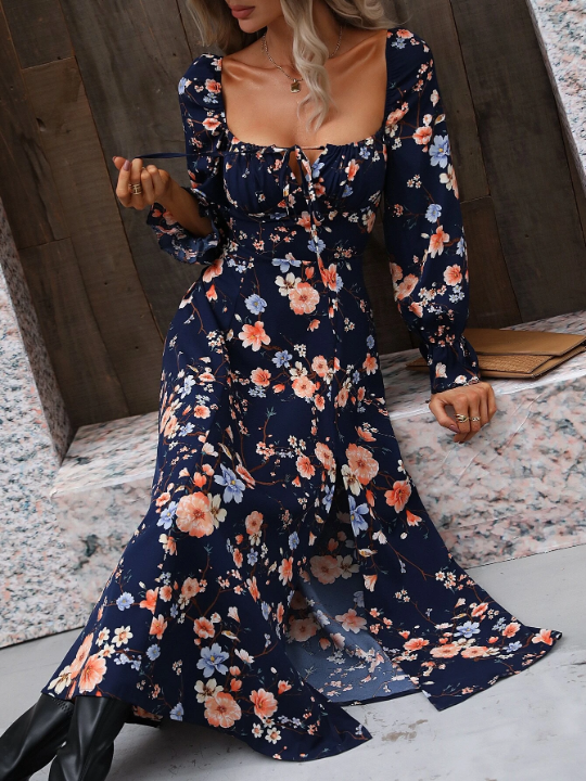 VCAY Floral Print Split Thigh Dress