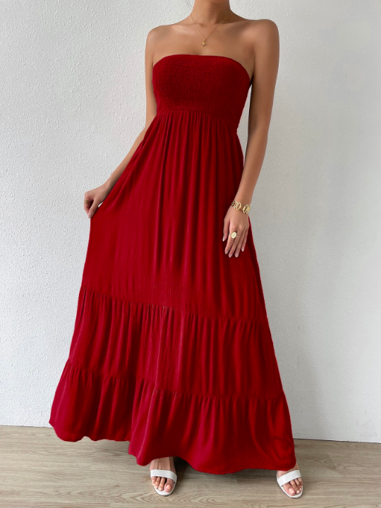 LUNE Shirred Ruffle Hem Maxi Tube Dress