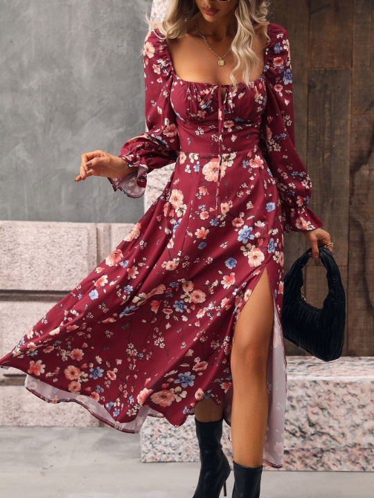 VCAY Floral Print Flounce Sleeve Tie Front Split Thigh Dress