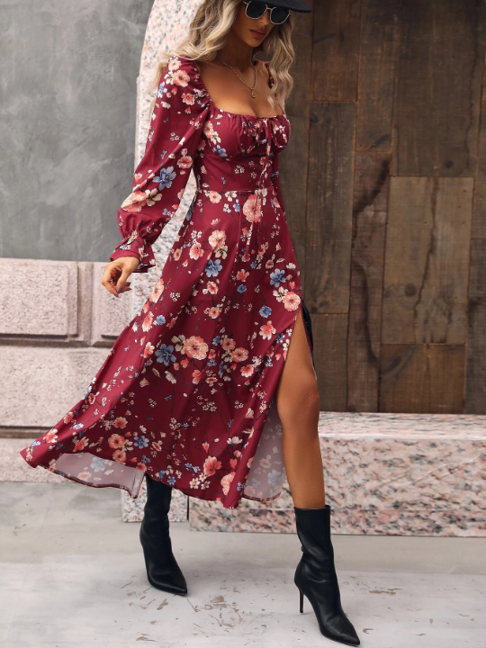 VCAY Floral Print Flounce Sleeve Tie Front Split Thigh Dress