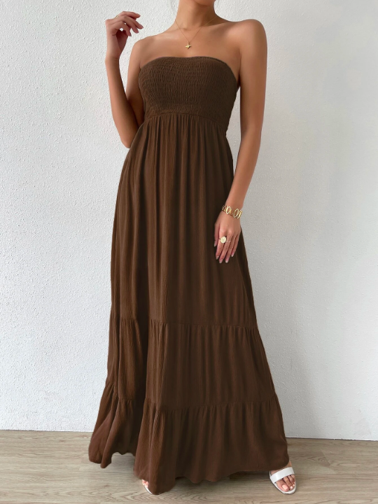 LUNE Shirred Ruffle Hem Maxi Tube Dress