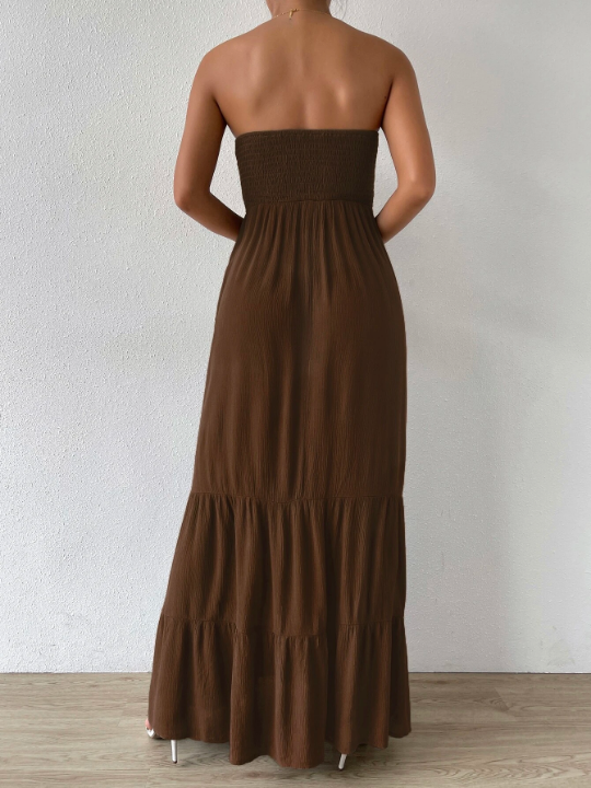 LUNE Shirred Ruffle Hem Maxi Tube Dress