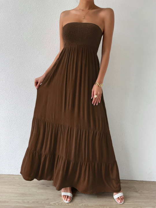 LUNE Shirred Ruffle Hem Maxi Tube Dress