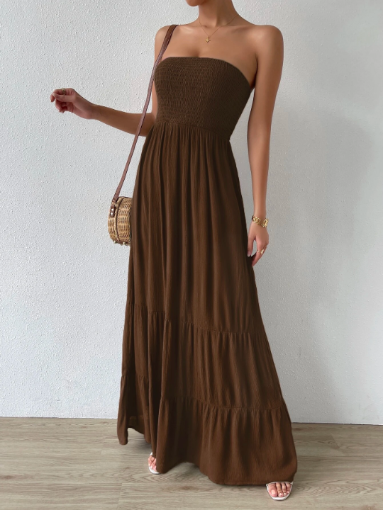 LUNE Shirred Ruffle Hem Maxi Tube Dress