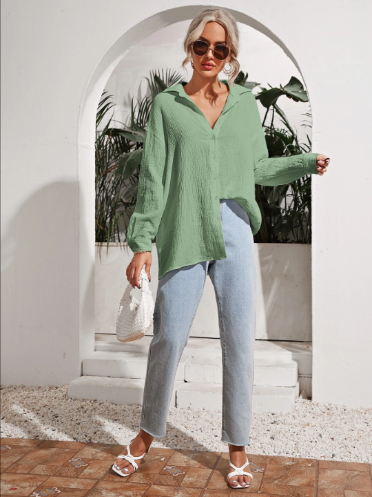 Frenchy Drop Shoulder Solid Longline Shirt