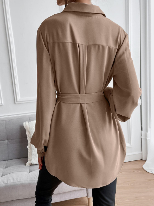 Privé Solid Button Front Belted Shirt