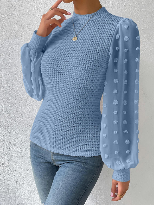 Privé Swiss Dot Lantern Sleeve Mock Neck Tee