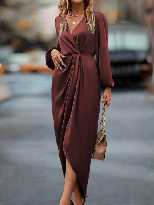 Priv Lantern Sleeve Twist Front Wrap Hem Satin Dress