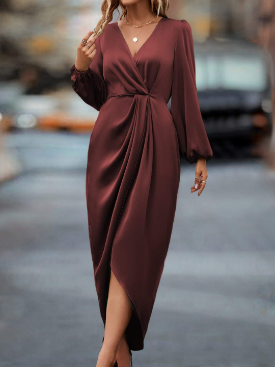 Privé Lantern Sleeve Twist Front Wrap Hem Satin Dress