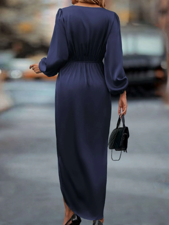 Priv Lantern Sleeve Twist Front Wrap Hem Satin Dress