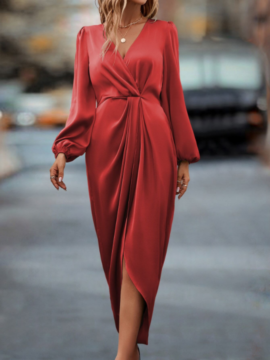 Priv Lantern Sleeve Twist Front Wrap Hem Satin Dress