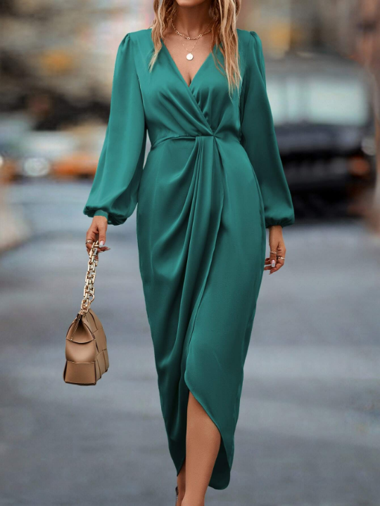 Frenchy Lantern Sleeve Twist Front Wrap Hem Satin Dress