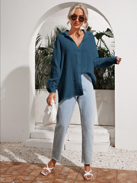 Frenchy Drop Shoulder Solid Longline Shirt