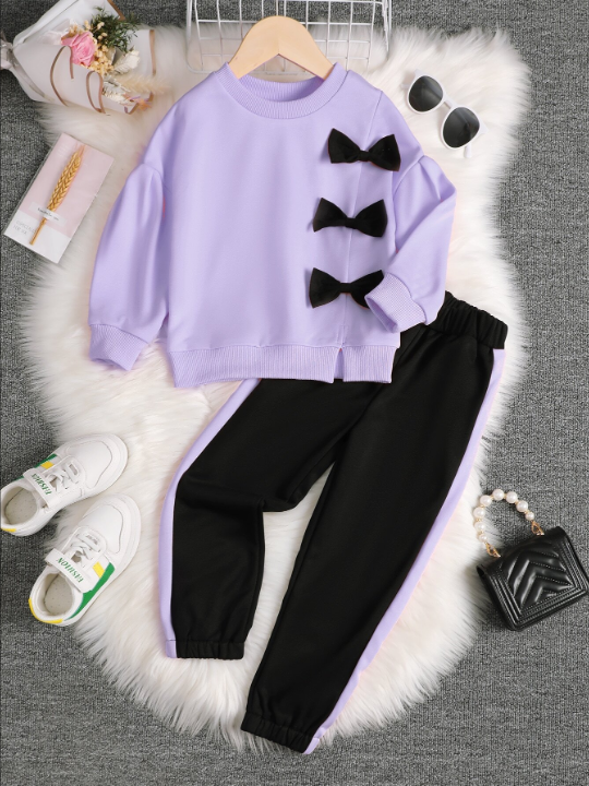 Kids EVRYDAY Young Girl Bow Front Drop Shoulder Pullover & Sweatpants